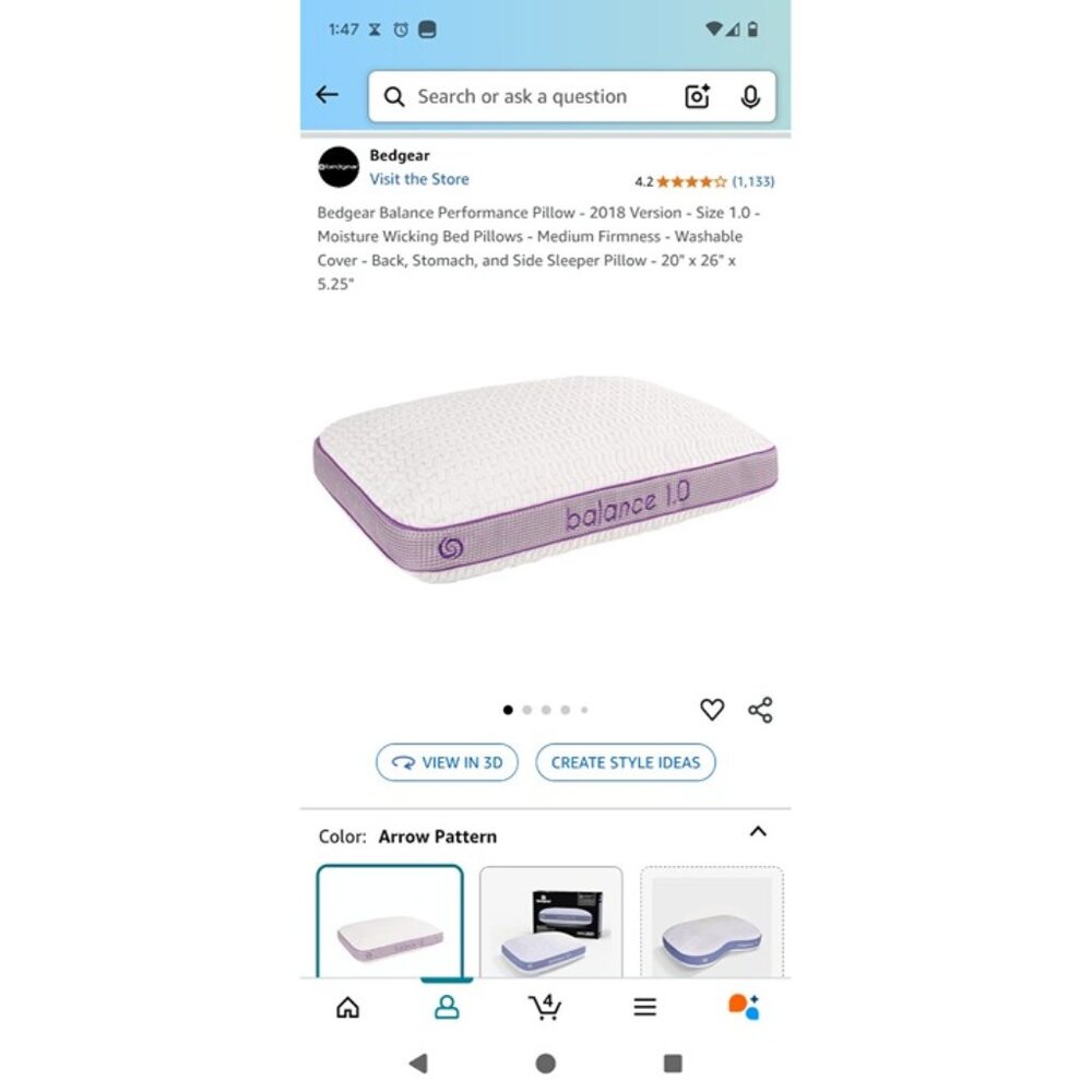 Bedgear balance size 1.0 performance pillow - medium firmness moisture wicking